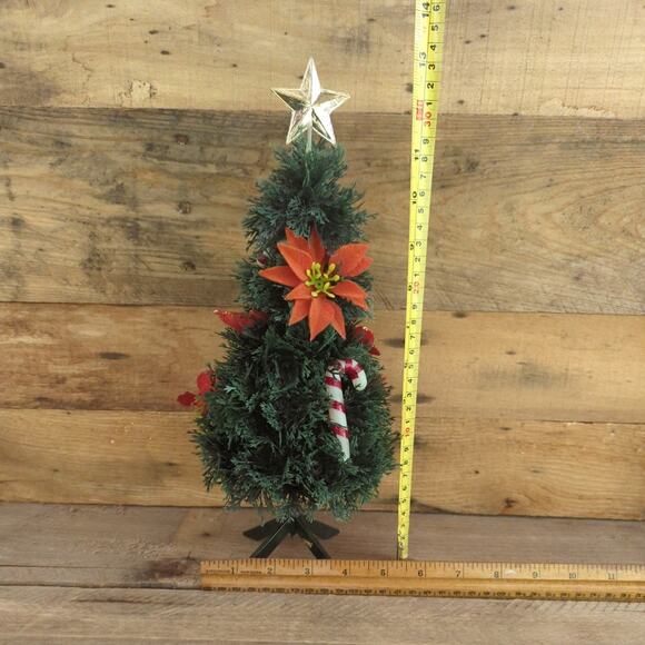 Vtg 1950s Tabletop Plastic Christmas Tree with Red Flocked Ornaments Gold Star - Picture 10 of 10
